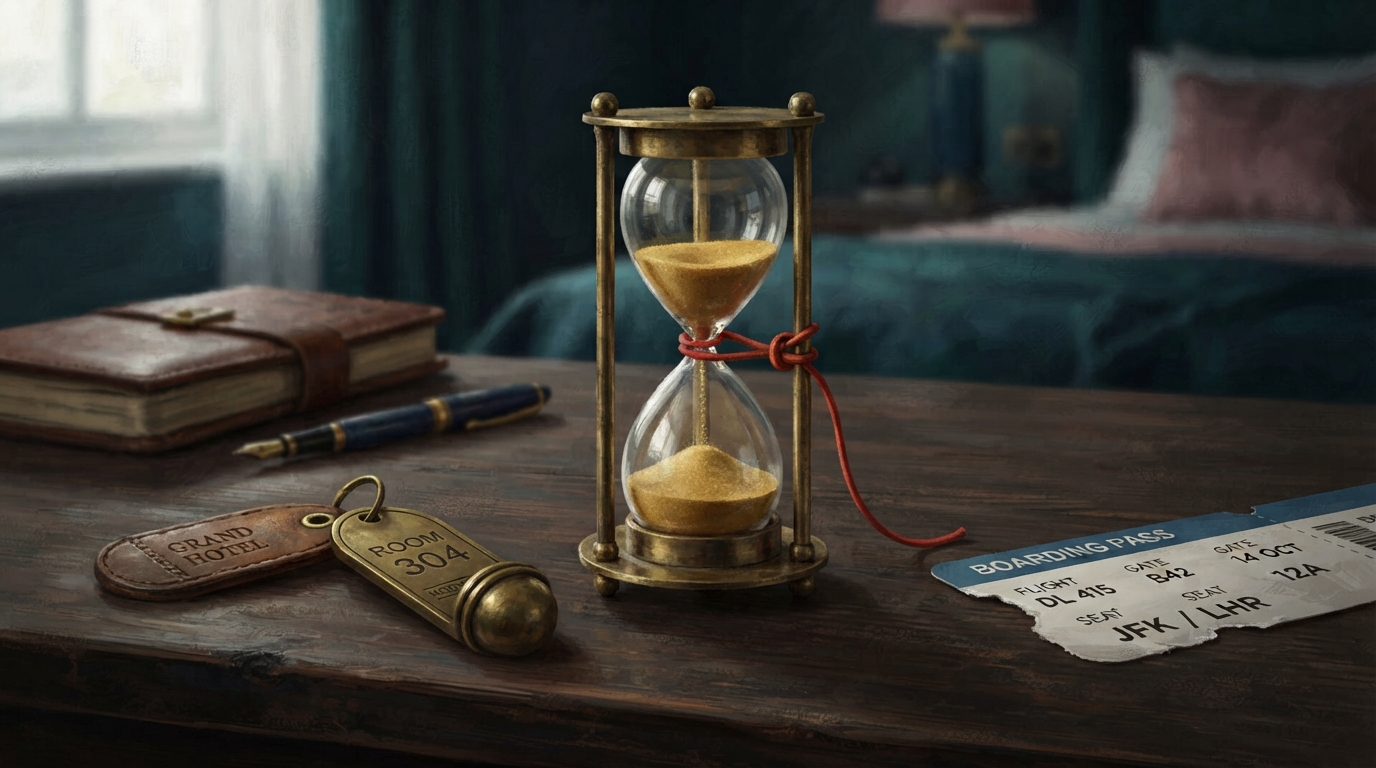 Editorial illustration of A brass hourglass with its sand almost fully drained into the lower chamber stands beside a hotel door key and a torn bo