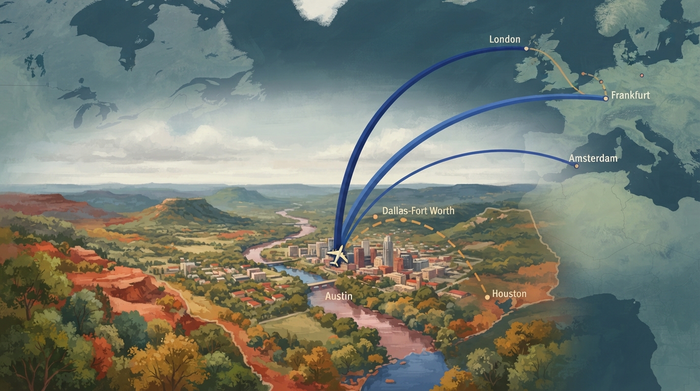 Editorial illustration of Illustrated flight-route map centered on Austin, with three painted arcing flight paths converging inward from London, F