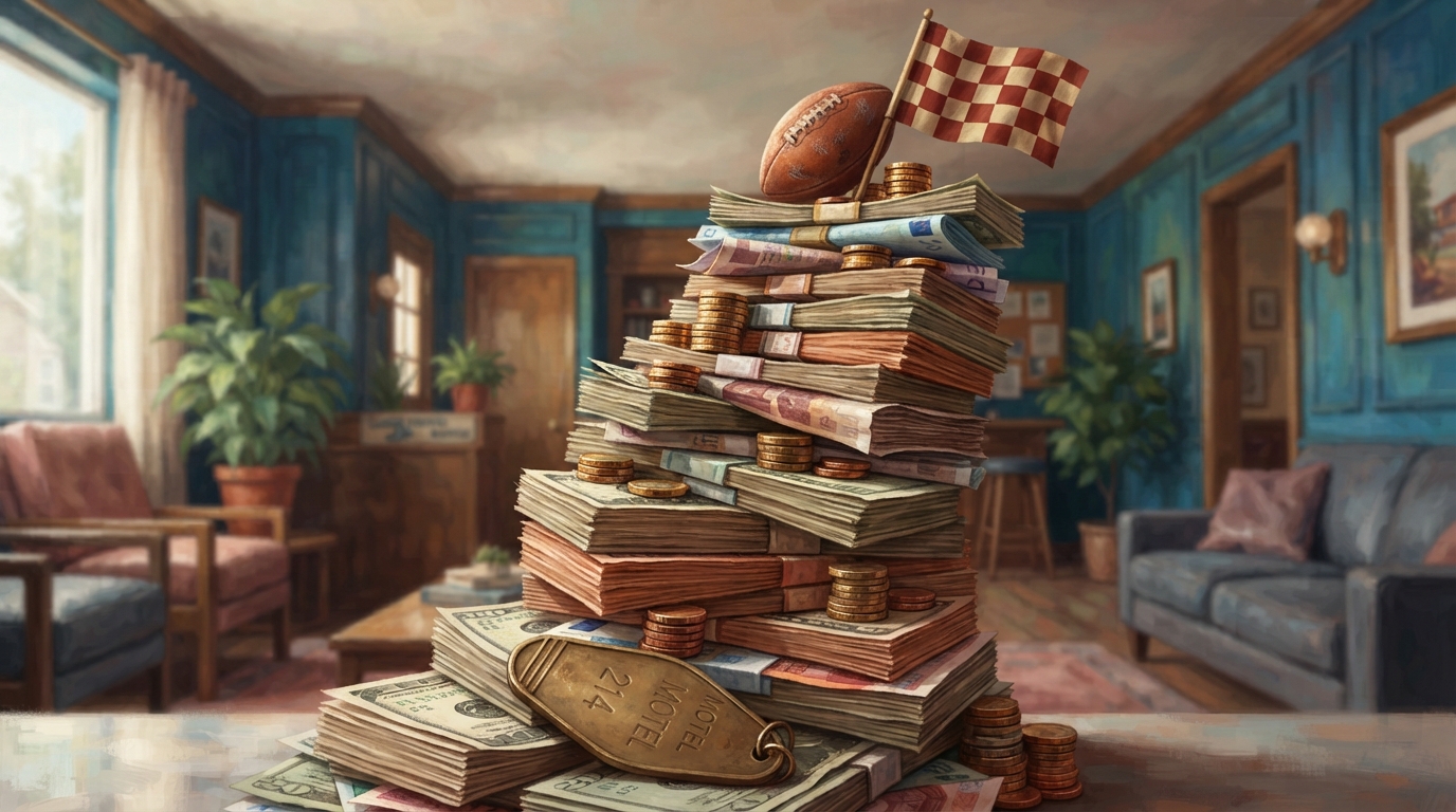 Illustration éditoriale d'une clé de chambre d'hôtel en laiton terni, simple et sans fioritures, posée au sommet d'une tour précaire de piles, illustrant le guide budgétaire du Grand Prix d'Austin 2026
