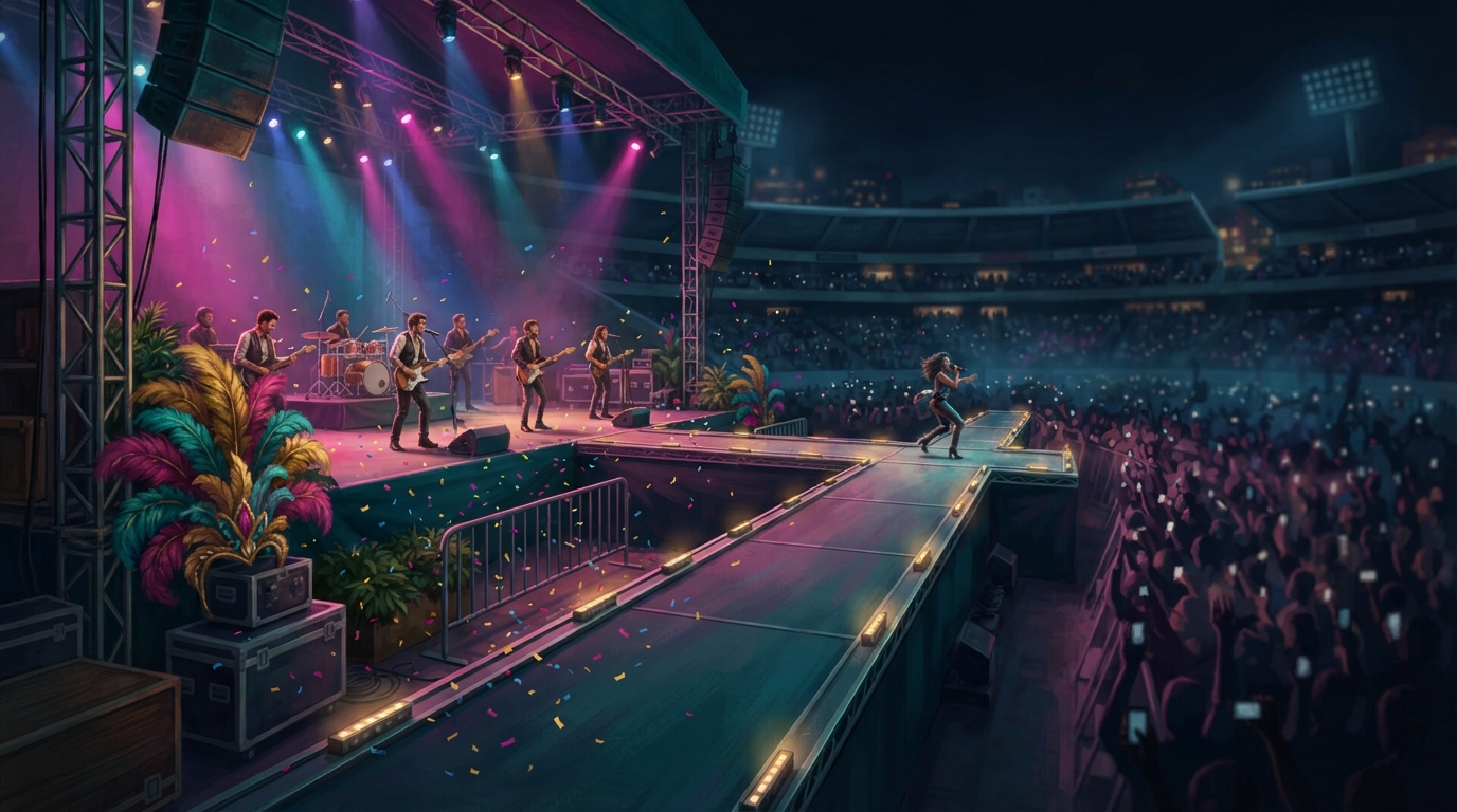 Editorial illustration of A wide outdoor stadium stage glows under saturated magenta and cobalt lighting, a runway extending out into a sea of blu