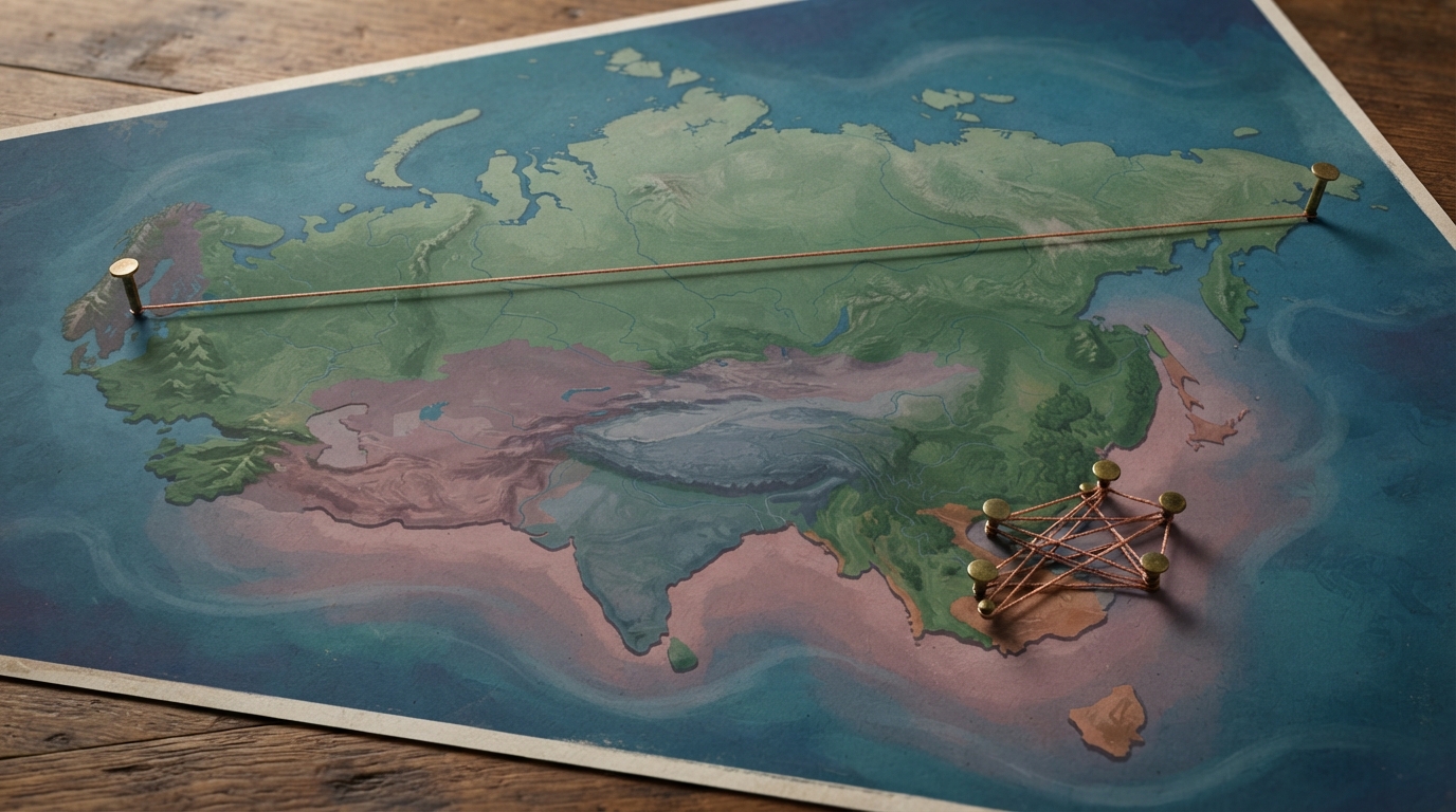 Editorial illustration of a continent seen from above, its landmasses painted in muted forest green and dusty mauve with no place names or labels 