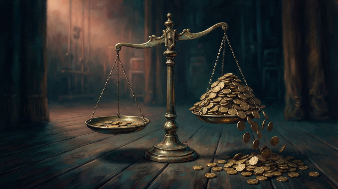 Editorial illustration of An antique brass weighing scale stands off-center on a dark stage-adjacent floor, its two pans wildly unbalanced, representing fall 2026 concert tours north america
