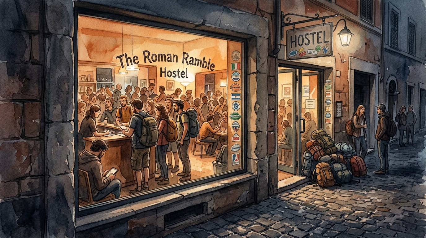 Watercolor illustration of a packed Italian hostel common room seen through a window from outside at dusk — warm amber light spilling out onto a da