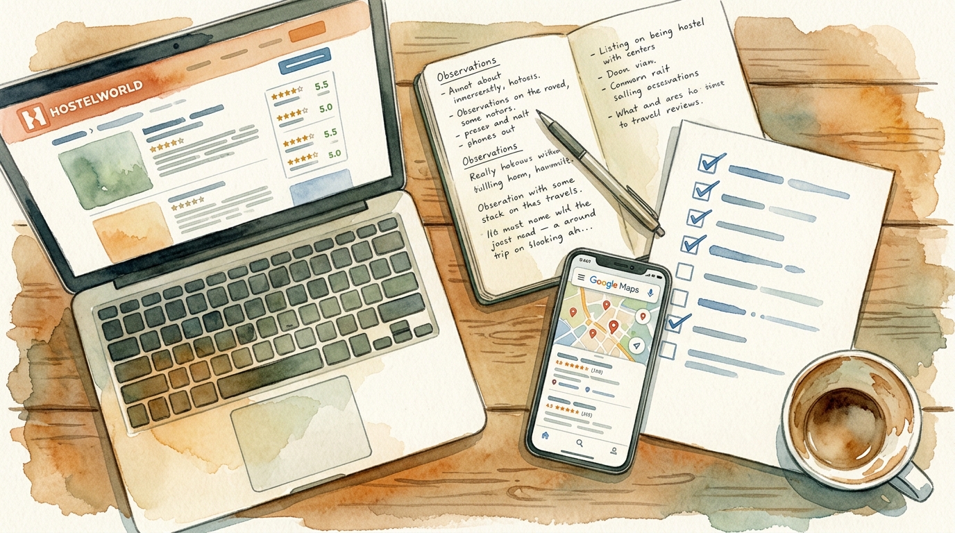 Watercolor illustration of a hostel research session — a laptop open to a Hostelworld review page beside a handwritten notebook with review notes, 