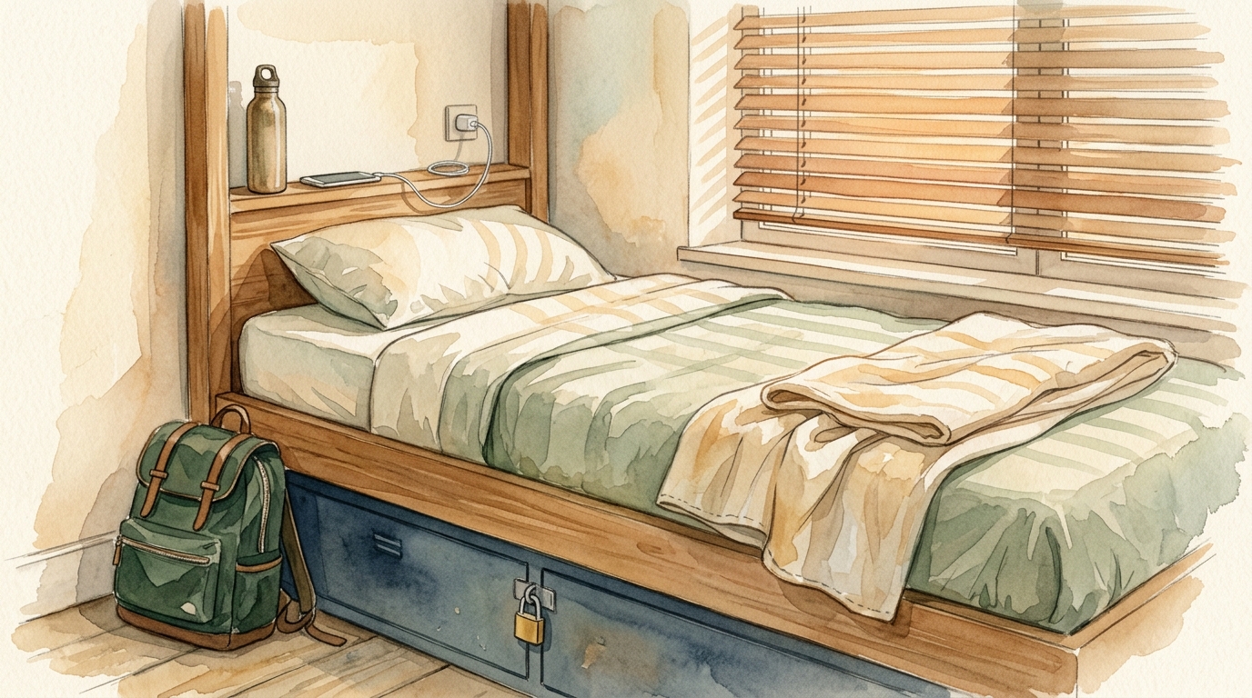 Watercolor illustration of a neatly made hostel bunk bed in a female-only dorm — a small padlock clipped to a locker beneath the bed, a tidy backpa