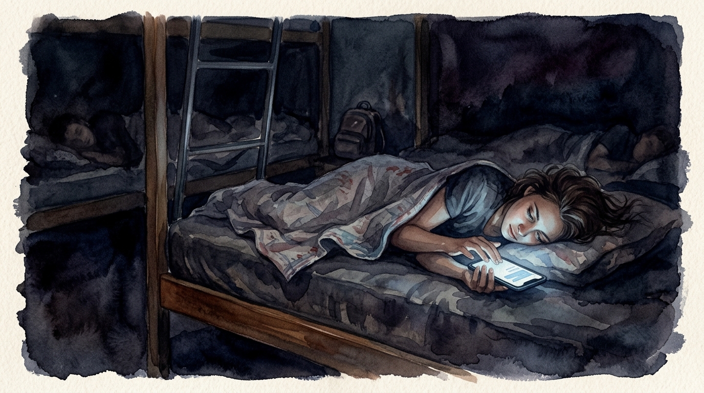 Watercolor illustration of a dark hostel dorm at 3 AM — a single phone screen glowing on a bunk mattress showing a text message being typed, the so