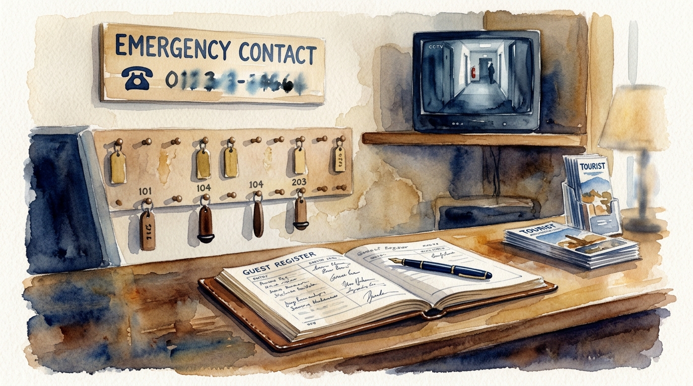 Watercolor illustration of a hostel reception desk — a sign on the wall reading "EMERGENCY CONTACT" with a phone number (rendered as blurred, unrea