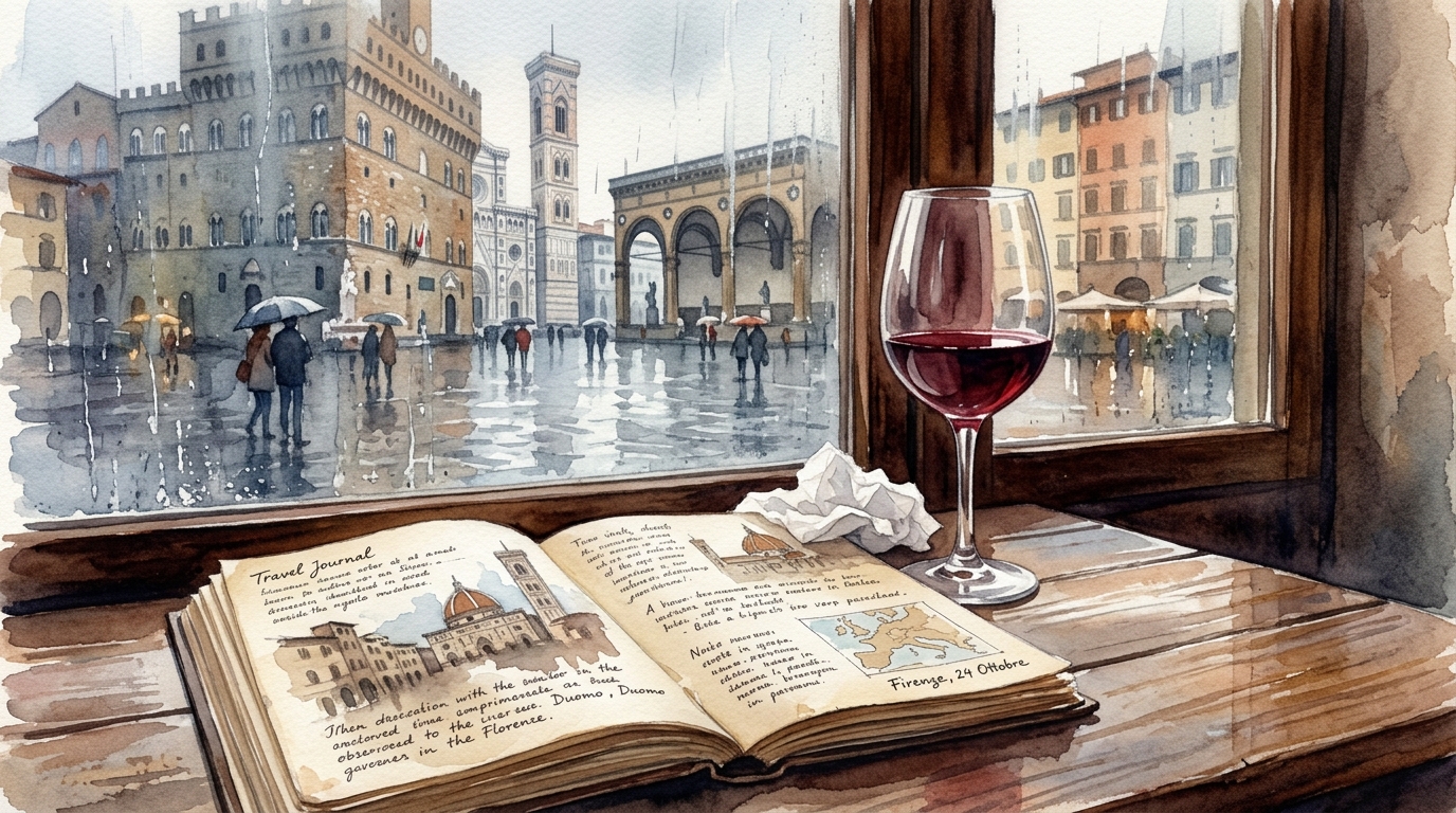Watercolor illustration of a cafe table by a window in an Italian city — a glass of red wine half-full sitting beside a travel journal open to a pa