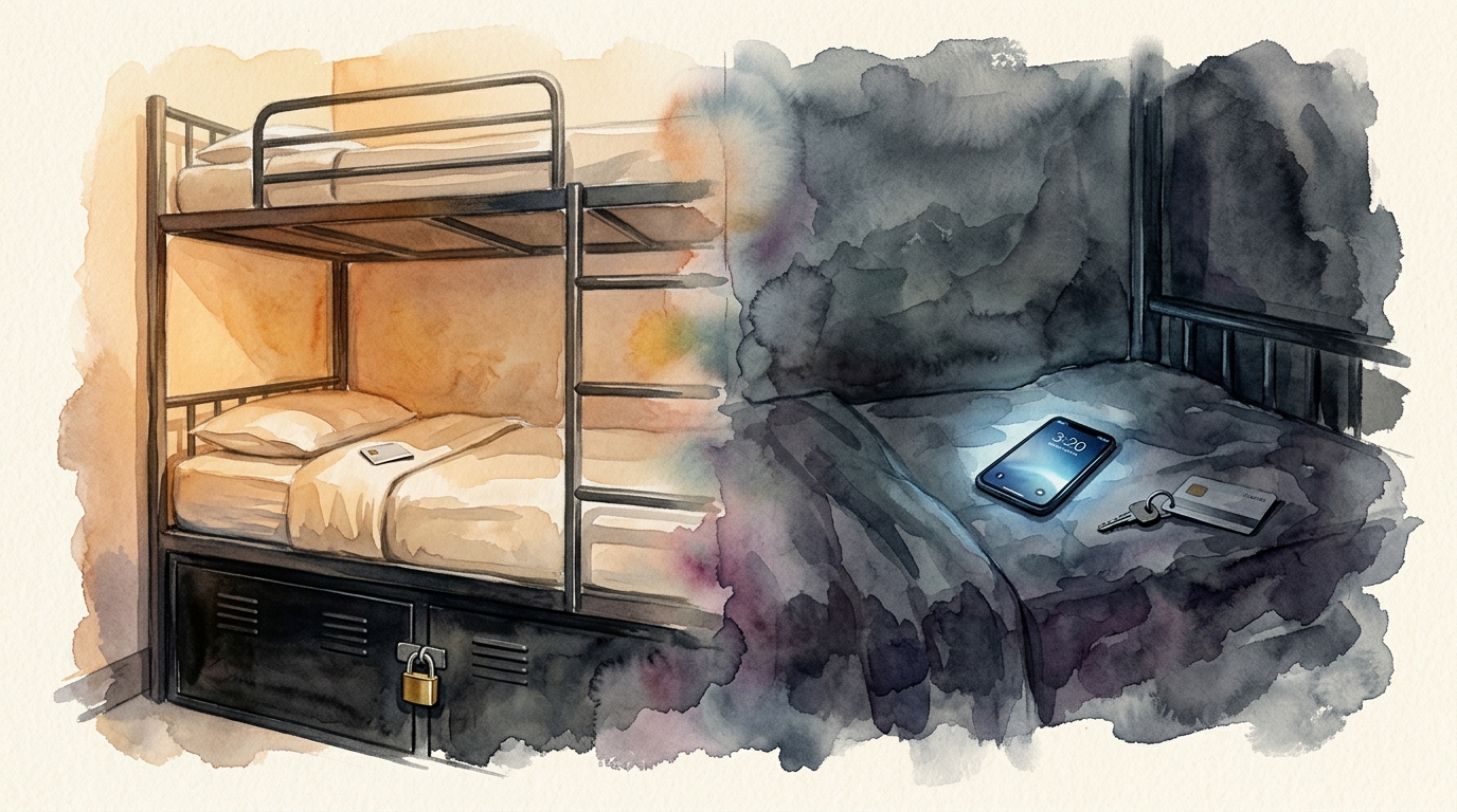 Watercolor illustration of a dramatic side-by-side split scene: on the left, a gleaming hostel bunk bed with a perfectly padlocked locker, a keycar, representing solo female hostel safety tips 2026