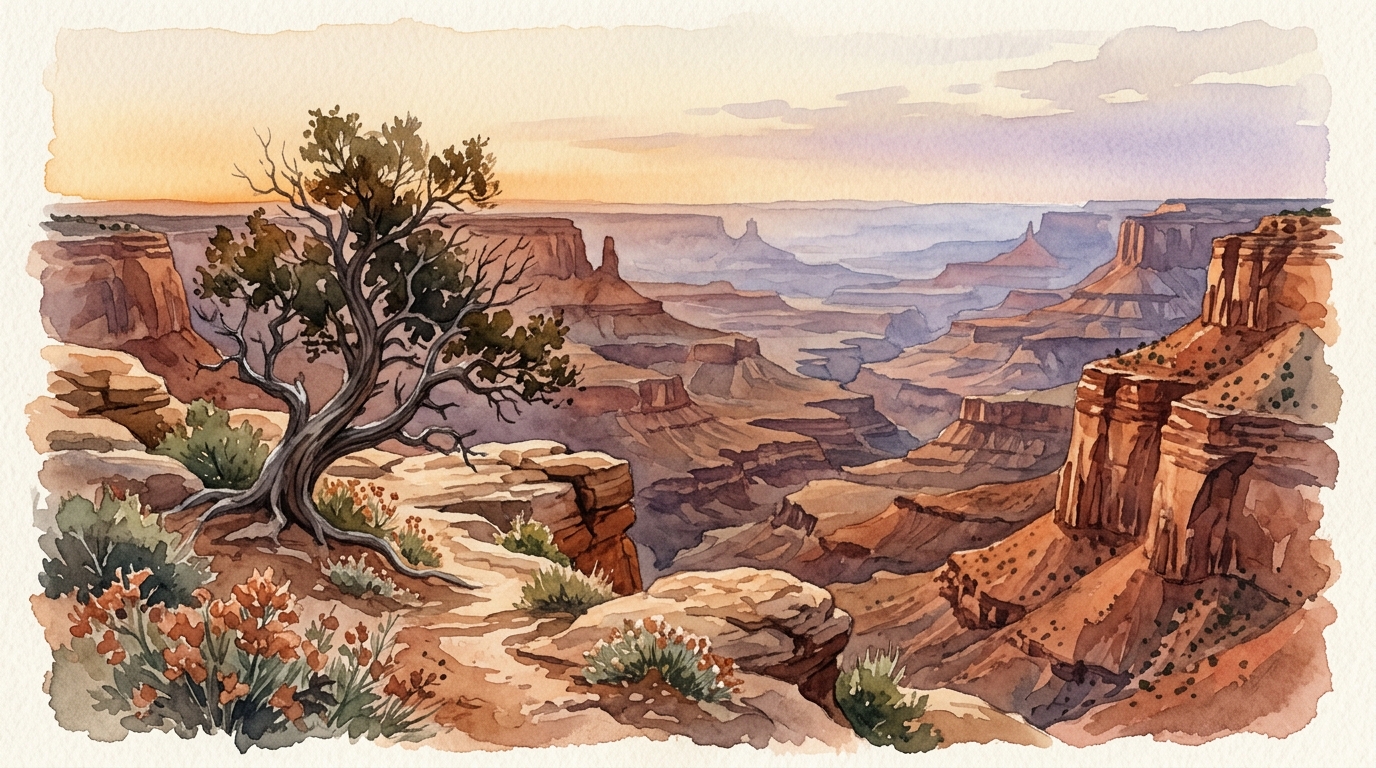 Aquarellillustration der dramatischen roten Felslandschaft von Canyonlands National Park zur goldenen Stunde – tiefe, geschichtete Schluchtenwände