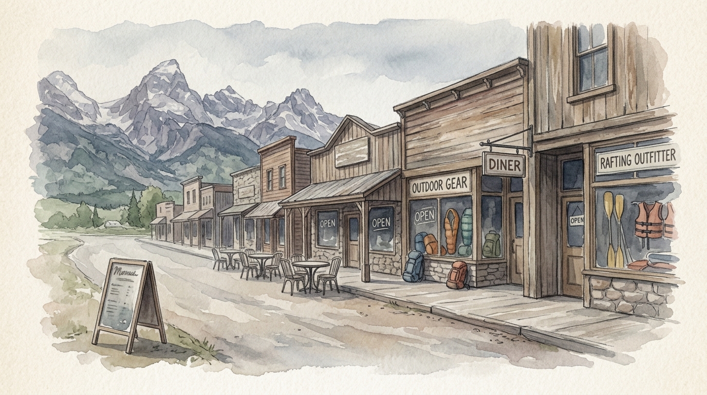 Aquarellillustration einer ruhigen Hauptstraße in einem kleinen westamerikanischen Ort am Parkeingang – rustikale Geschäftsfassaden mit „OPEN“-Schildern