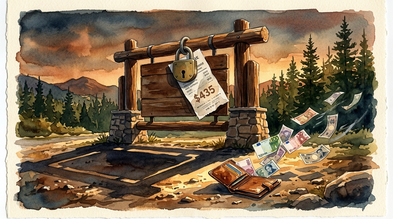Watercolor illustration of a dramatic symbolic still life: a classic wooden national park entrance sign (like Yellowstone's iconic arch) casting a , representing US national park fee international visitors 2026