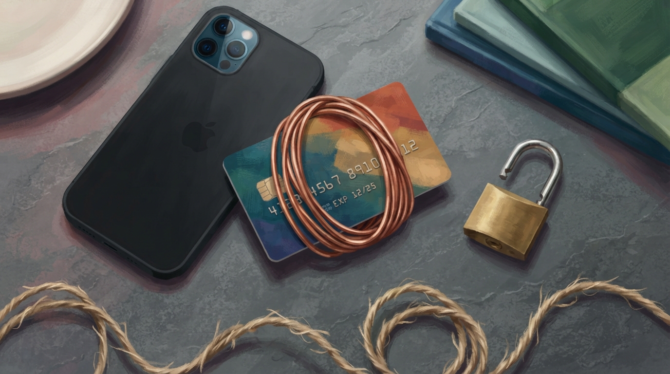Editorial illustration of Overhead flat-lay of a credit card wrapped tightly in a loop of copper wire beside a smartphone lying face down on a sla
