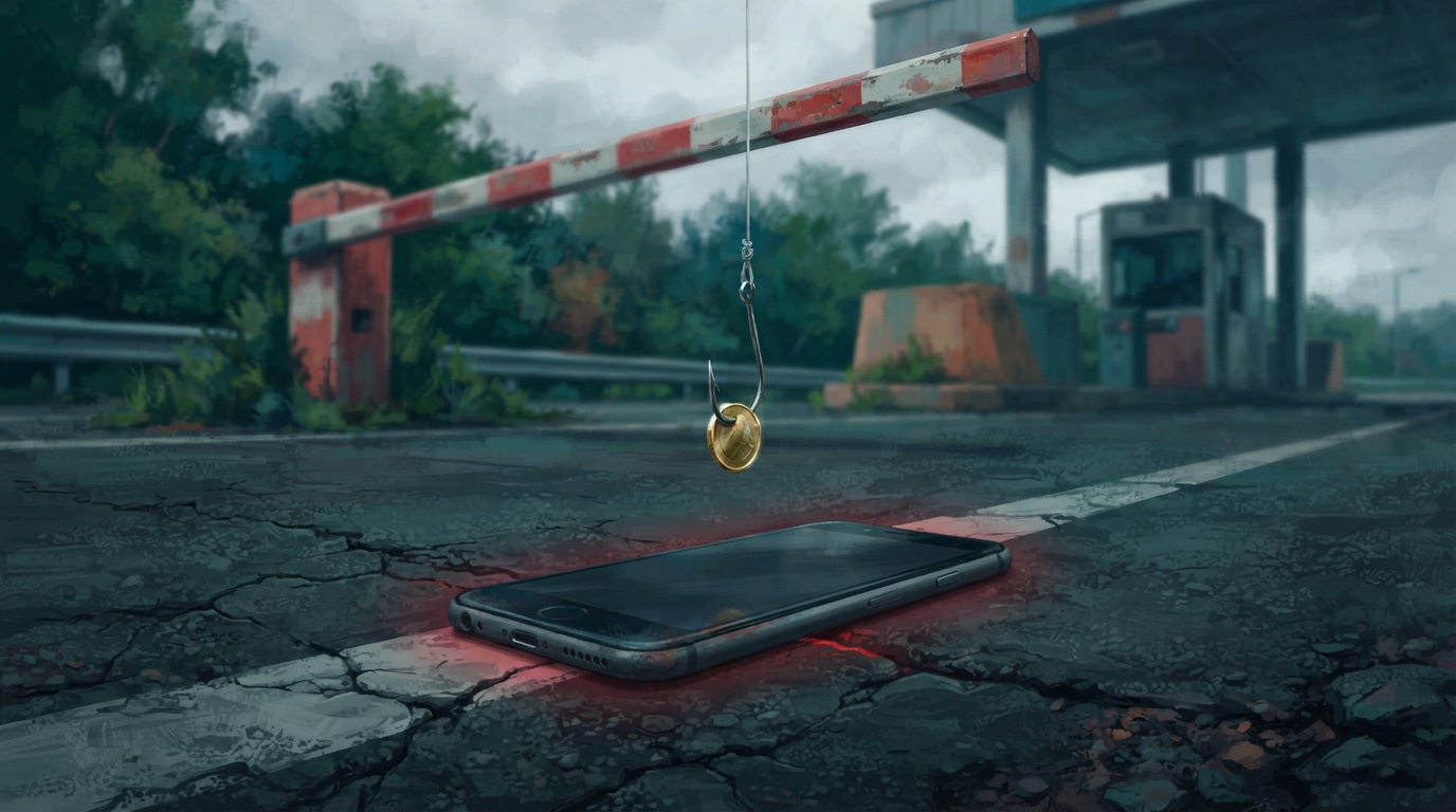 Editorial illustration of A silver fishing hook baited with a glinting coin dangles just above a smartphone lying face down on cracked dark asphal, representing unpaid toll text after renting a car