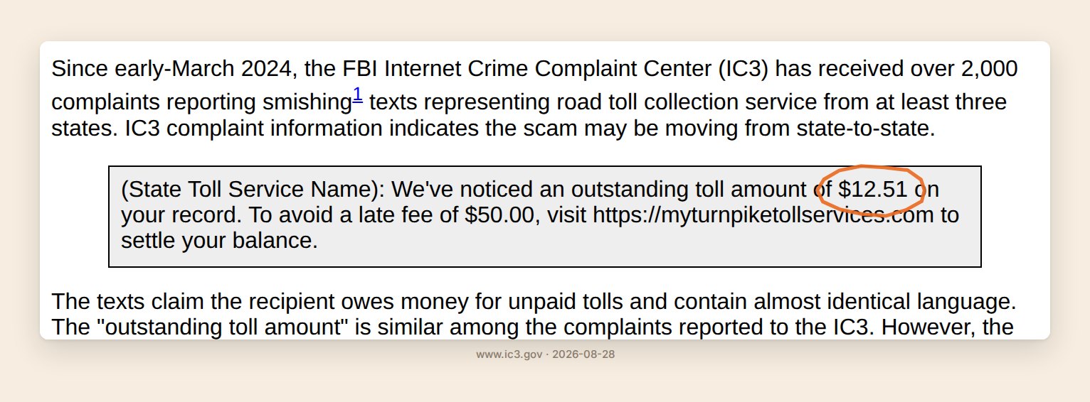 FBI Internet Crime Complaint Center public service announcement quoting a sample toll-scam text demanding $12.51 to avoid a $50 late fee