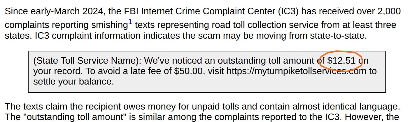 FBI Internet Crime Complaint Center public service announcement quoting a sample toll-scam text demanding $12.51 to avoid a $50 late fee