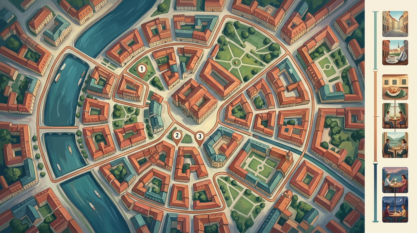 Aquarell-Illustration eines einzelnen Stadt-Tagesplans: eine stilisierte Überkopfkarte einer alten europäischen Innenstadt mit gemalten Straßen und einem Fluss, nummeriert