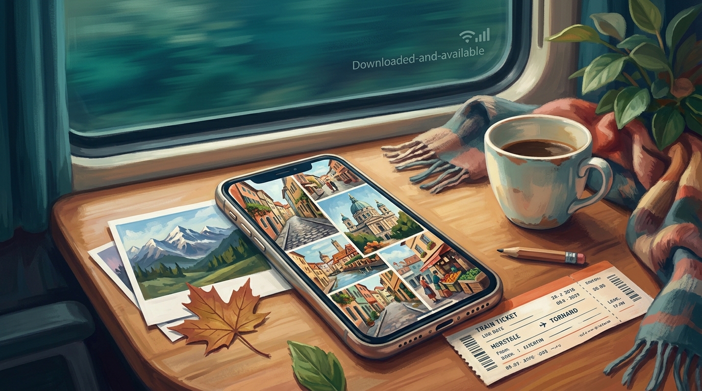 Aquarell-Illustration eines Stilllebens eines gemeinsamen Reisetagebuchs: ein geöffnetes Smartphone auf einer hölzernen Zugabteil-Tischplatte zeigt eine Collage aus kleinen
