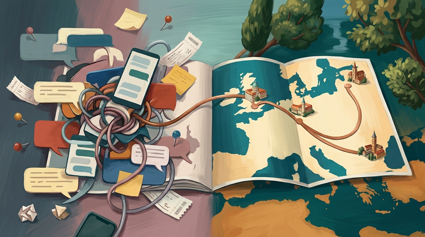 Watercolor illustration of Dramatic juxtaposition concept art split across one frame: on the left, a chaotic tangle of dozens of overlapping speech, representing plan a multi-city trip with family and friends