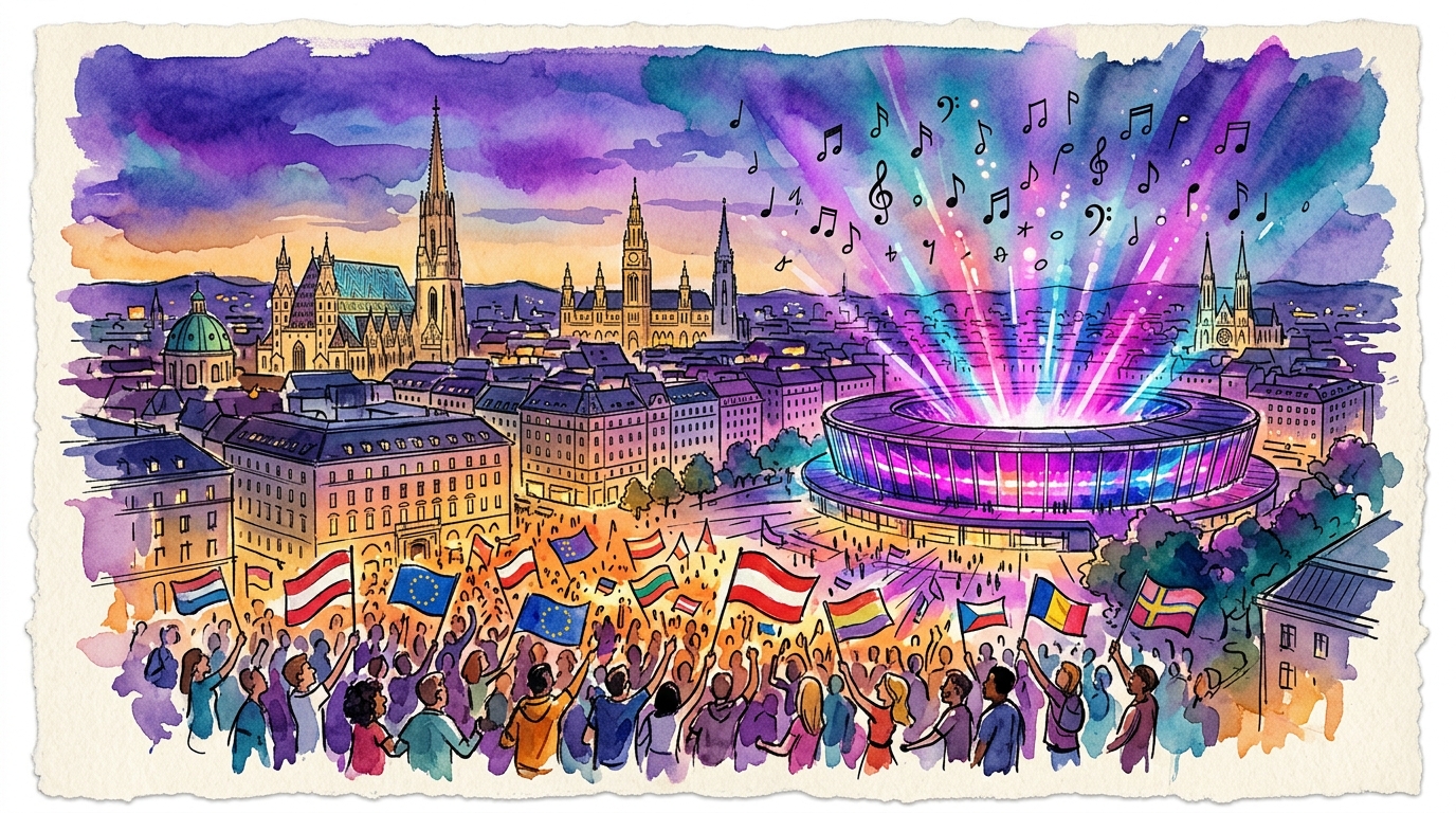 Watercolor illustration of blog article illustration, representing vienna eurovision 2026 budget