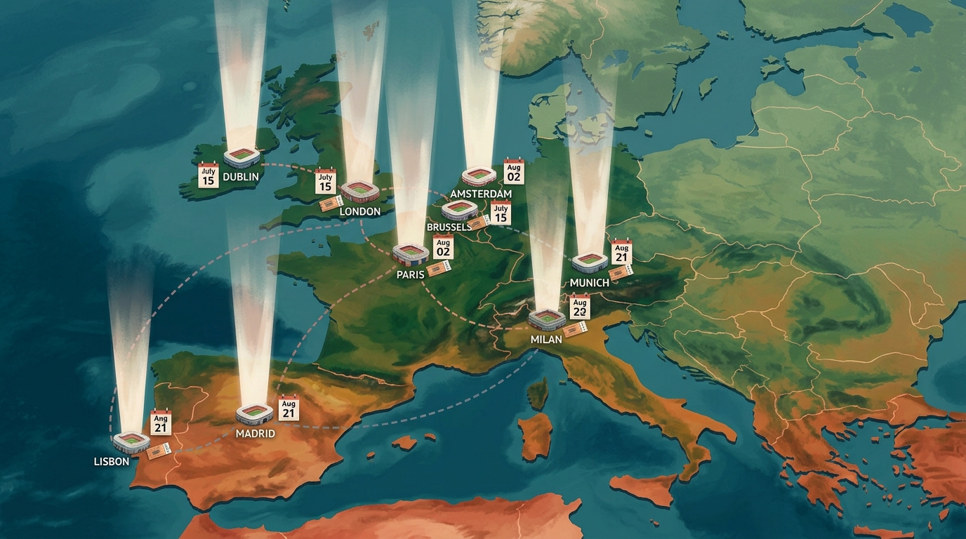 Editorial illustration of Illustrated cartographic map of western Europe with painted regions in deep forest green and warm ochre, marked by tall 