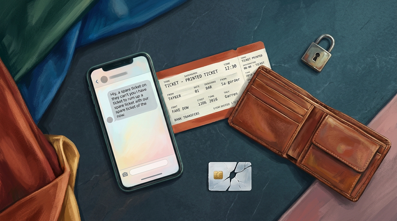 Editorial illustration of Overhead flat-lay on a dark slate countertop telling the story of a ticket scam: a phone screen showing an urgent direct
