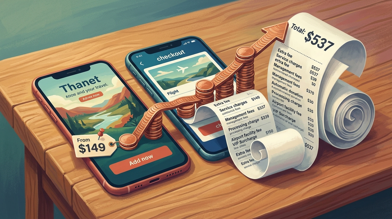 Editorial illustration of Side-by-side still life of two phone screens on an oak desk dramatizing the gap between an advertised price and a checko