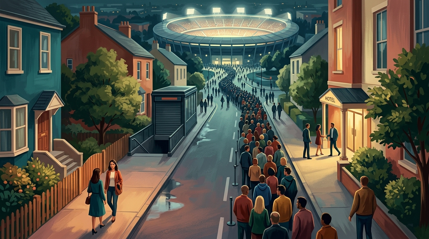 Editorial illustration of Concept art cityscape looking down a quiet residential street just after a stadium let-out: a vast floodlit arena bowl g
