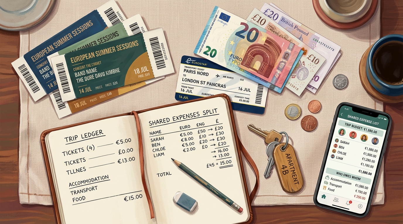 Editorial illustration of Overhead flat-lay on a warm linen tablecloth of a group concert-trip ledger coming together: four fanned-out tickets, a 