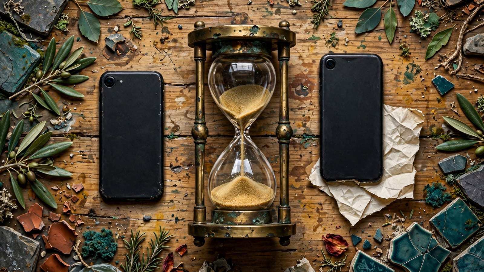 An hourglass mid-pour between two face-down phones and a hidden list, on a bare wooden table