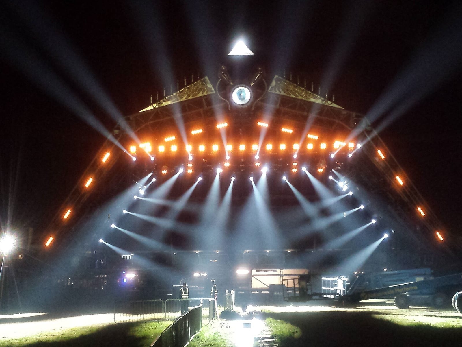 Glastonbury Festival's Pyramid Stage lit up during a pre-festival lighting session at Worthy Farm