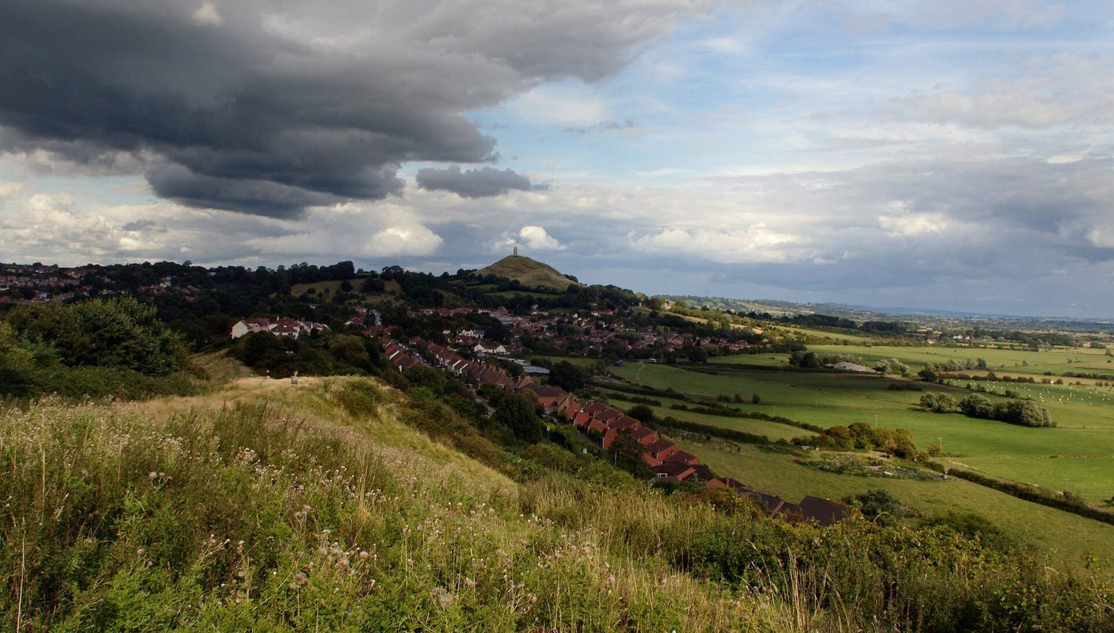 Glastonbury Tor rising above the Somerset countryside near Worthy Farm