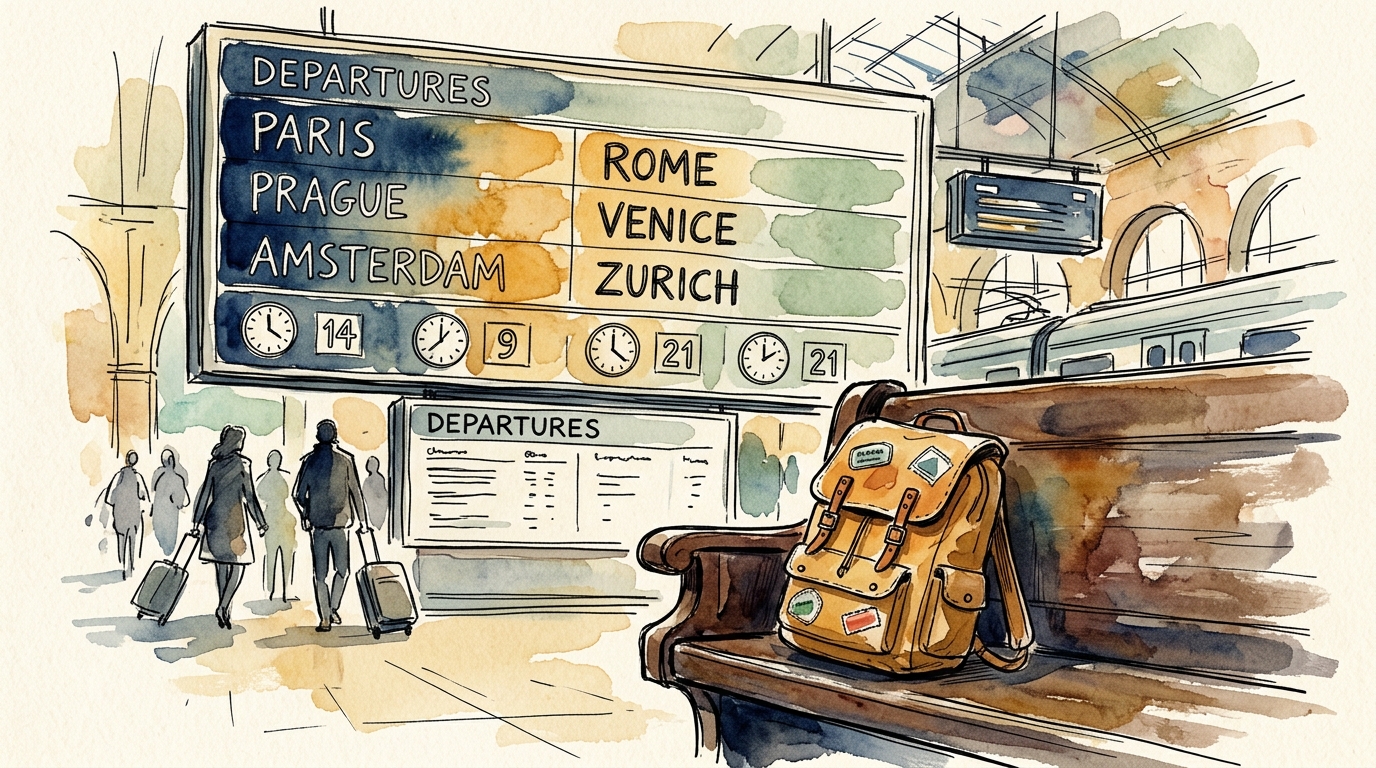 Aquarell-Illustration einer europäischen Bahnhofs-Abfahrtstafel mit Städtenamen und einem Rucksack, der an einer Bank lehnt