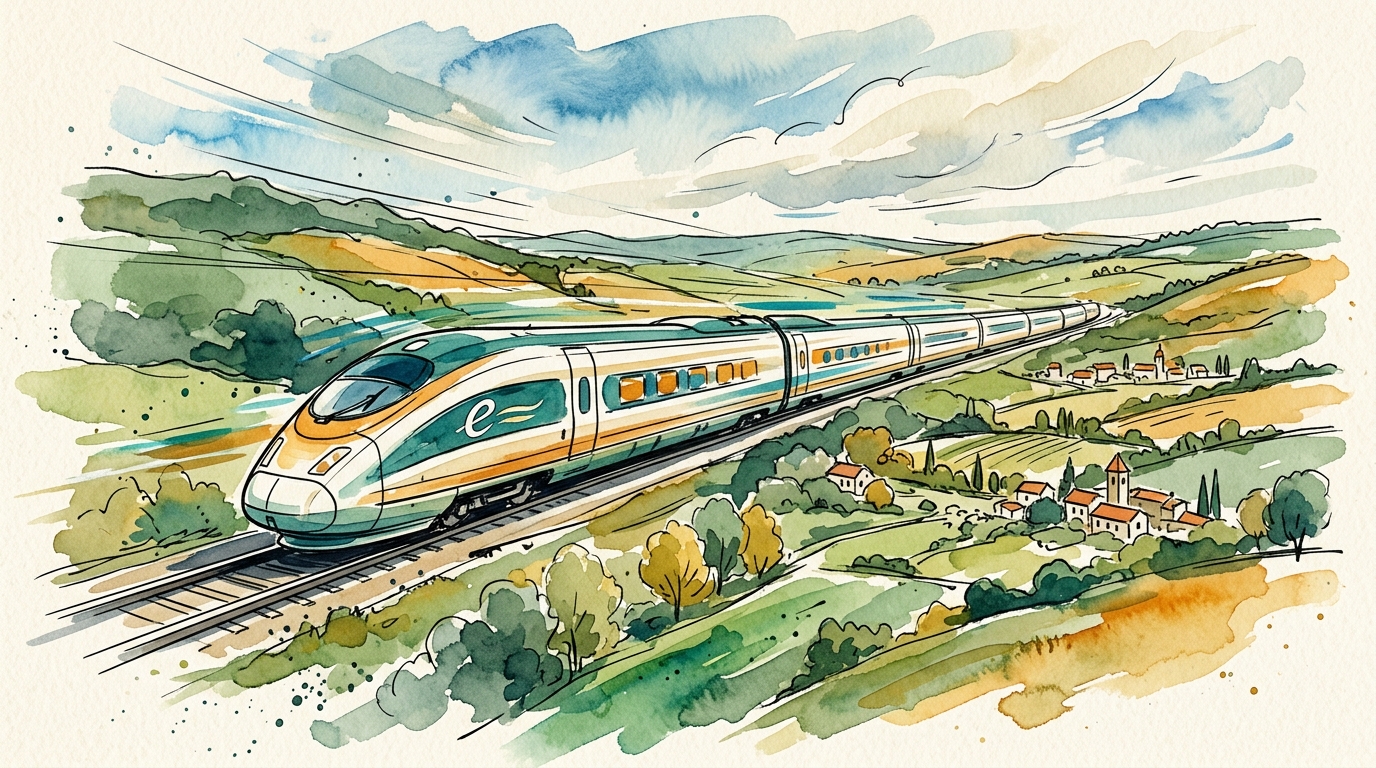 Aquarell-Illustration eines europäischen Hochgeschwindigkeitszugs, der durch grüne Hügellandschaft fährt