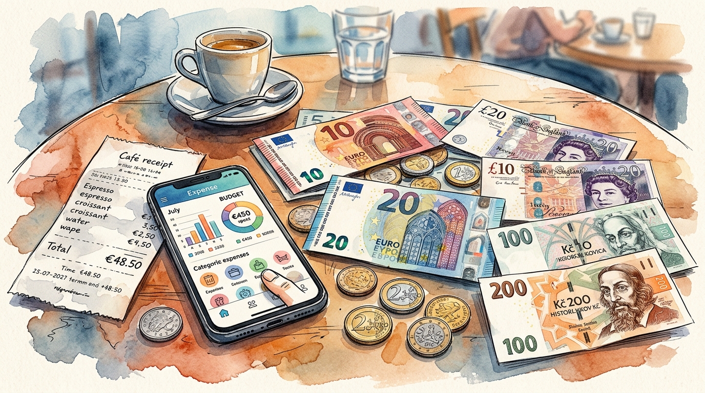 Aquarell-Stillleben mit europäischen Geldscheinen, Münzen, einer Café-Quittung und einem Smartphone mit einer Ausgaben-Tracker-App