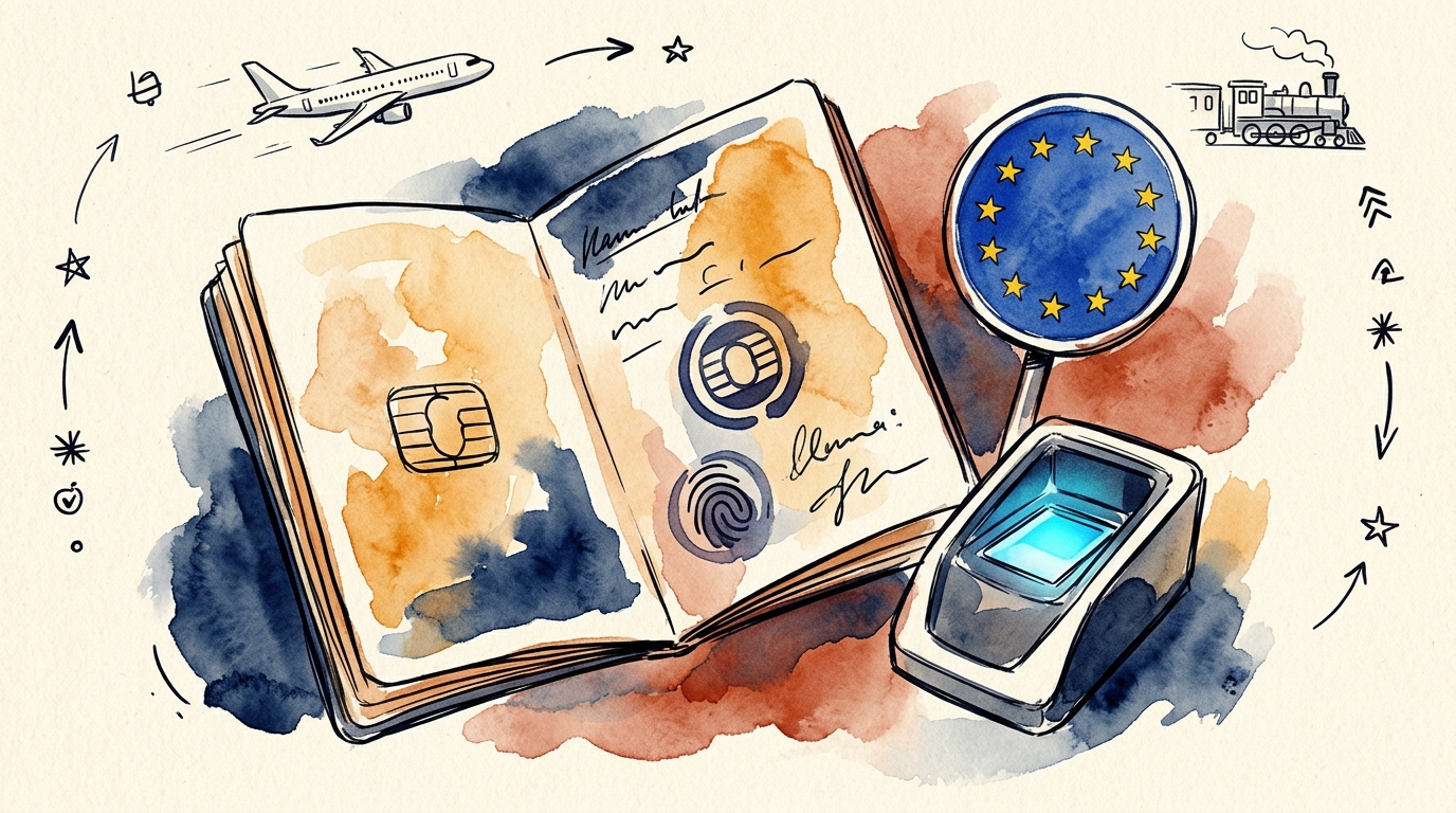 Aquarell-Illustration eines offenen Reisepasses mit biometrischem Chip-Symbol neben einem Fingerabdruckscanner an einer europäischen Grenze
