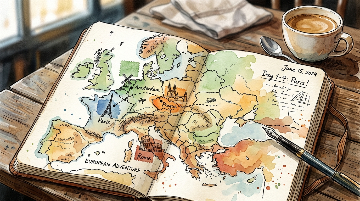 Watercolor illustration of an open travel journal with a hand-drawn map of Europe showing multi-city trip routes between Paris, Amsterdam, Prague, and Rome