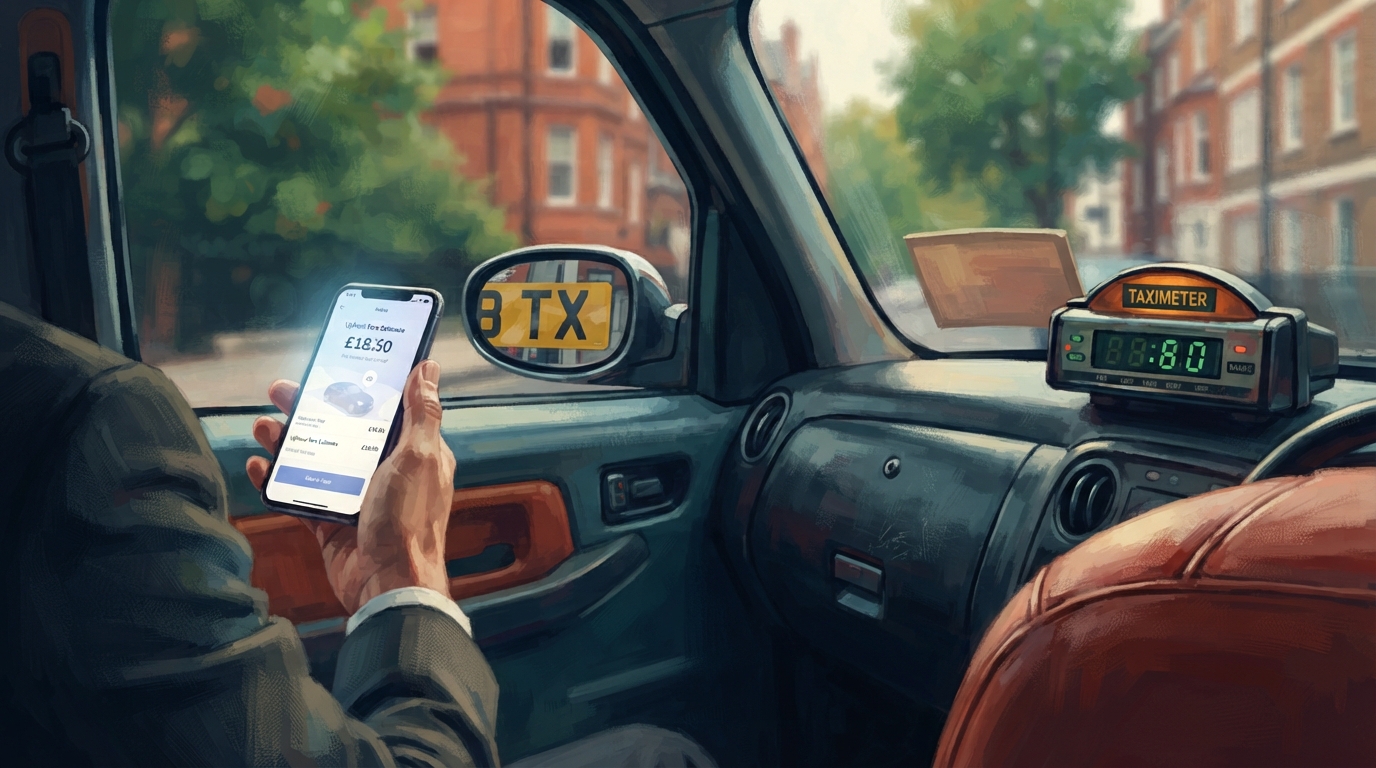 Editorial illustration of Close-up of a taxi's illuminated dashboard meter beside a rolled-down window, a marked TX suffix visible on the rear pla