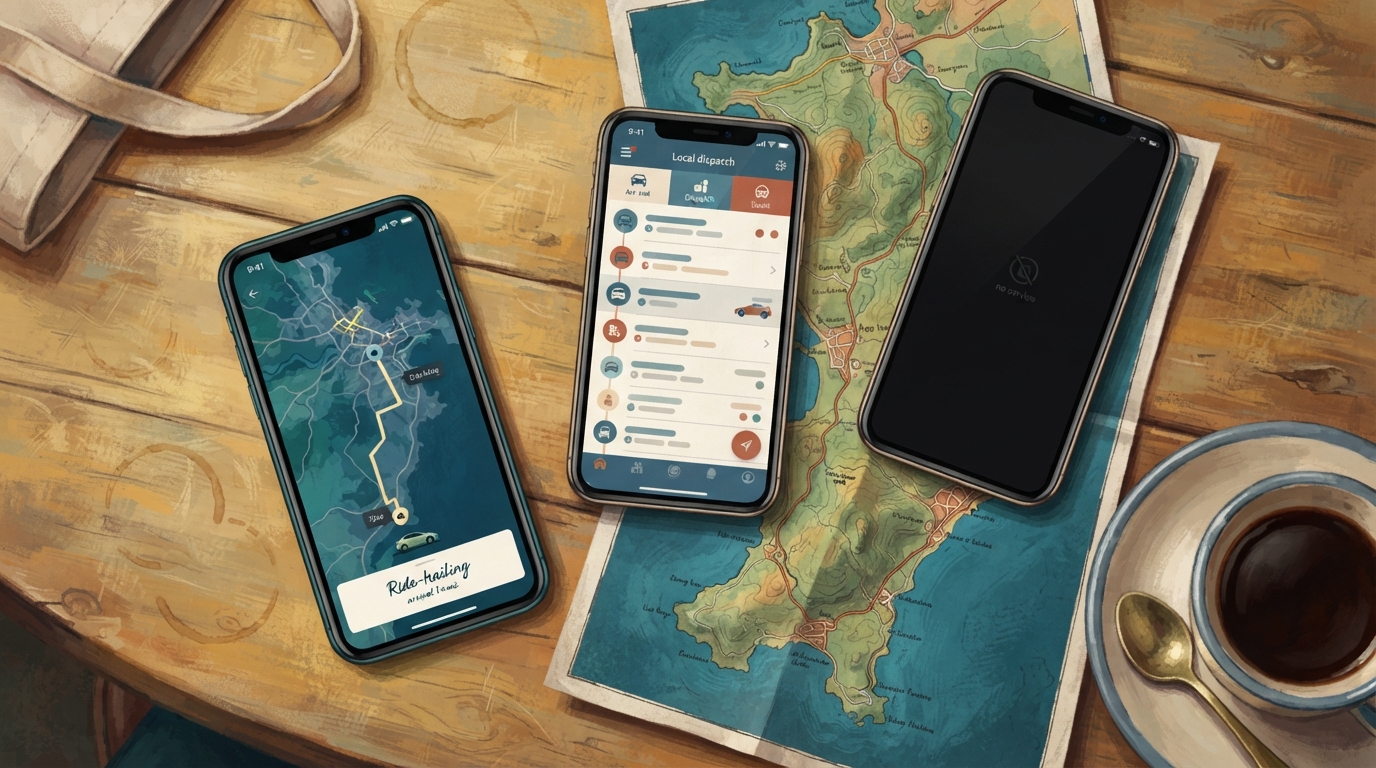 Editorial illustration of Overhead flat-lay of three smartphones on a worn wooden cafe table, each showing a different screen: one glowing with a 