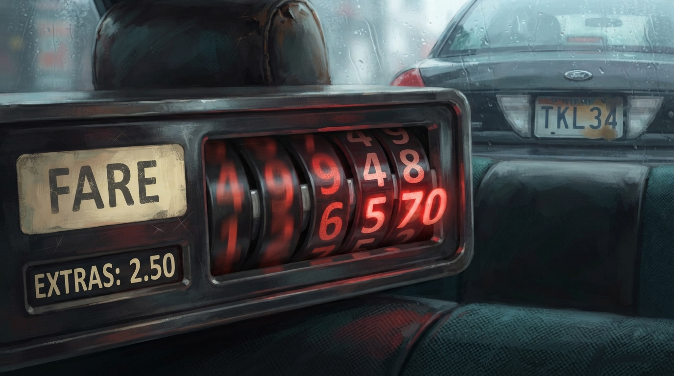 Editorial illustration of Extreme close-up of an analog taxi meter's spinning digital counter, caught mid-jump between a small honest number and a