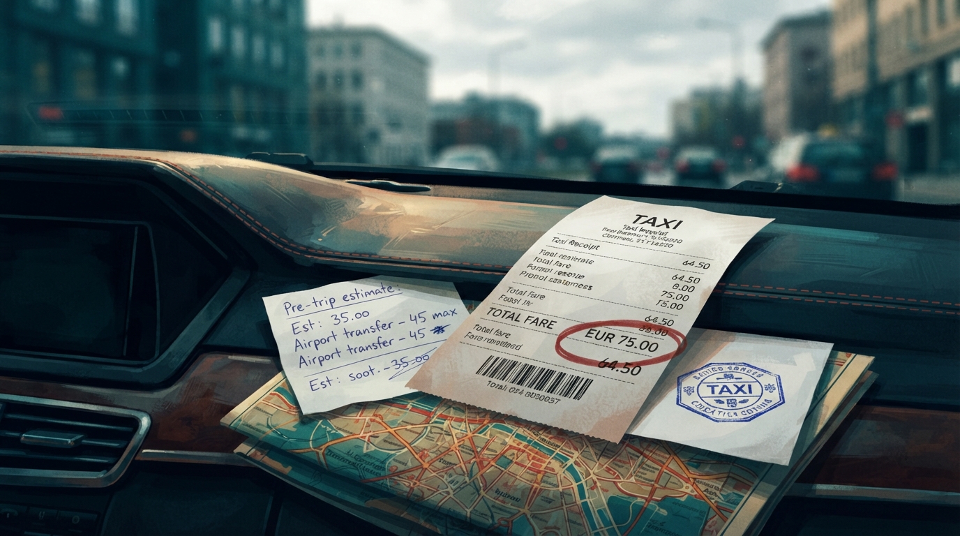 Editorial illustration of A formal taxi receipt sits on a dashboard, its printed total circled in red marker, dwarfing a small handwritten note be