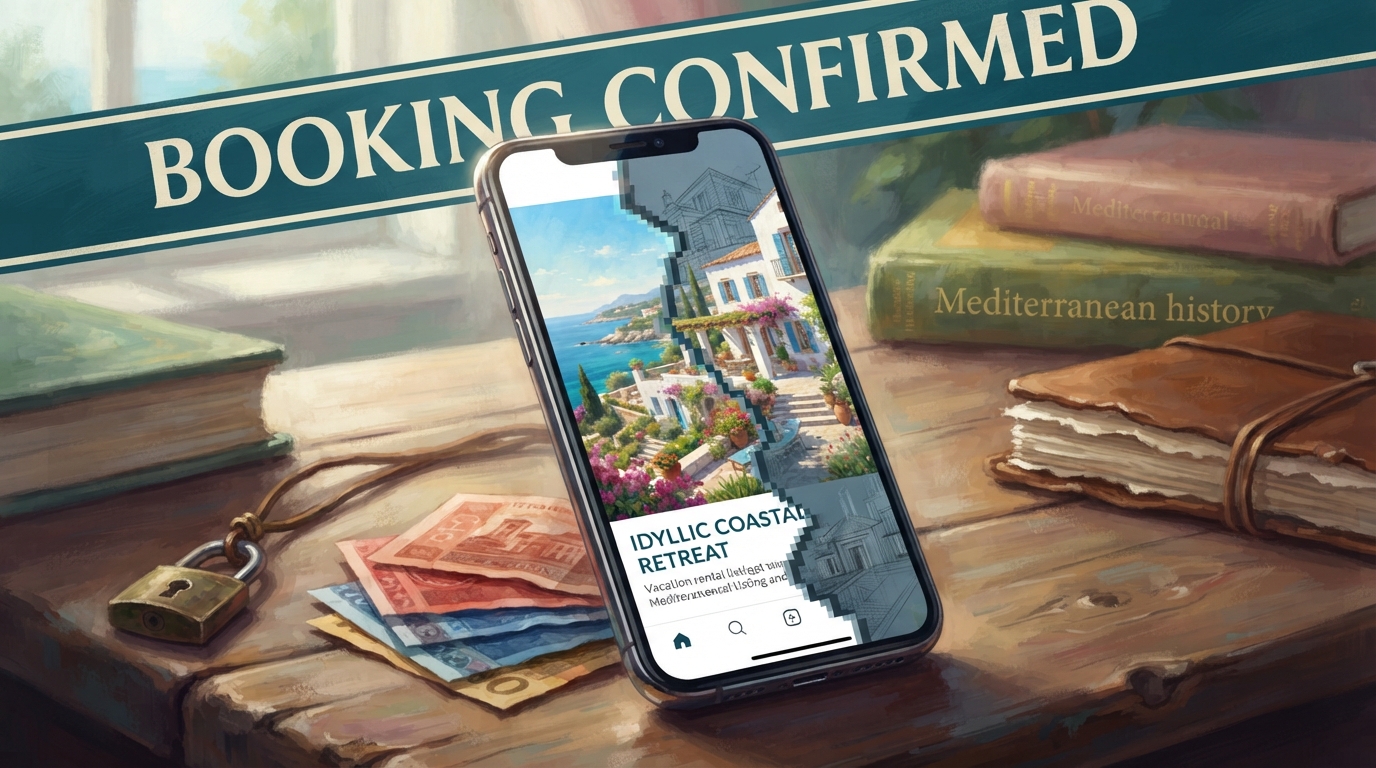Editorial illustration of A smartphone screen glows with a picture-perfect vacation rental listing and a "booking confirmed" banner, propped again
