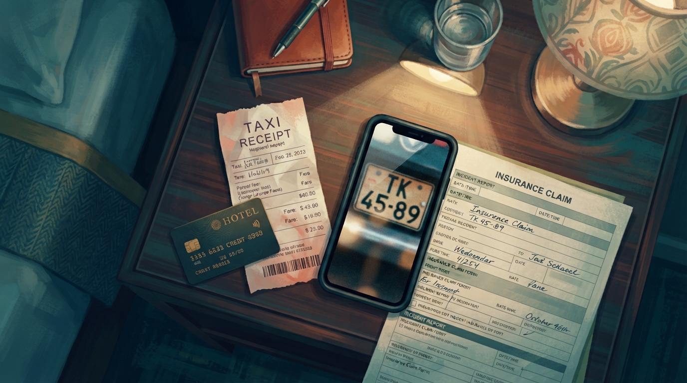 Editorial illustration of Overhead flat-lay of a taxi receipt, a smartphone displaying a zoomed photo of a license plate, a credit card, and a par