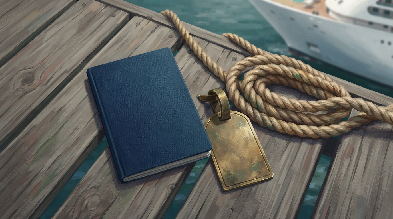 Editorial illustration of Overhead flat-lay of a closed navy passport and a brass luggage tag resting on weathered dock planks, beside a thick coi
