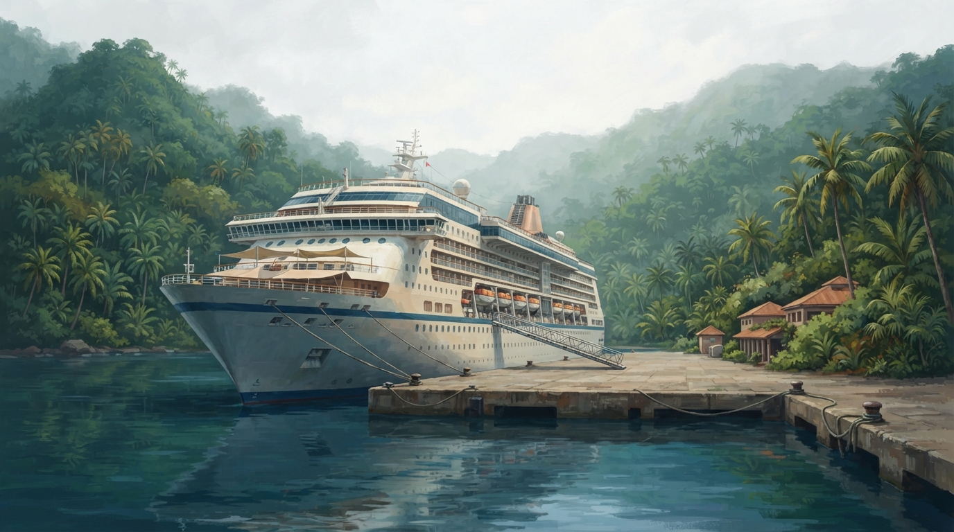 Editorial illustration of A generic cruise ship docked at a lush tropical harbor, its gangway lowered onto an empty pier while deck railings and l