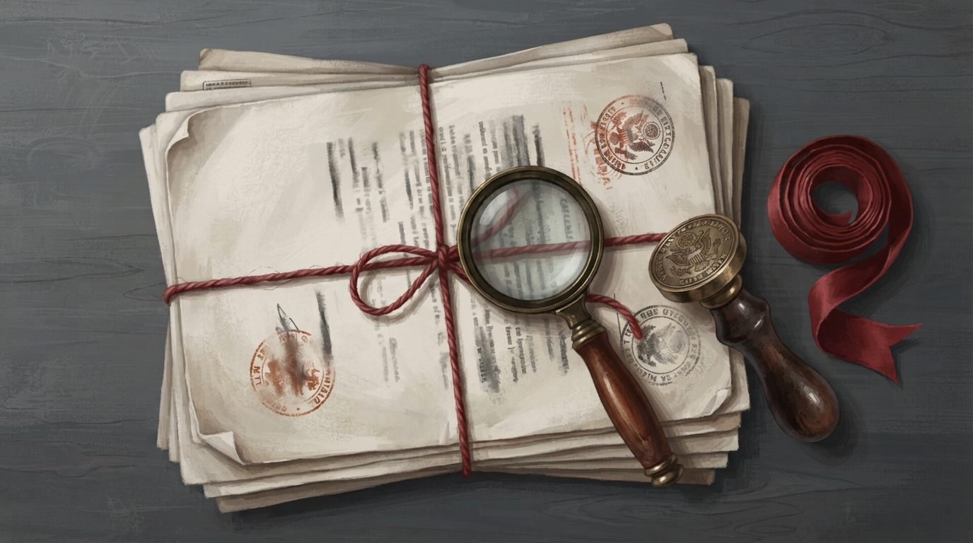 Editorial illustration of Overhead flat-lay of a stack of folded official documents bound with red string, a brass embossing seal resting beside a