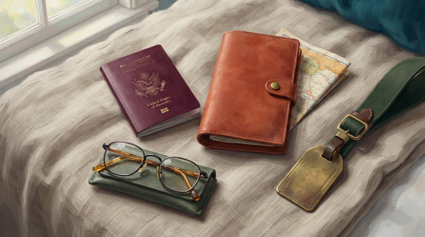Editorial illustration of Overhead flat-lay of a closed burgundy passport, a leather travel folio, reading glasses, and a brass luggage tag on a c