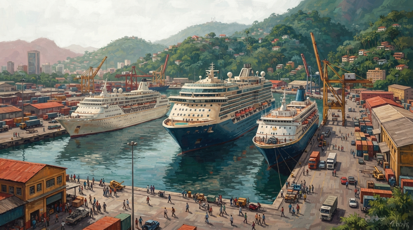 Editorial illustration of A wide harbor view of three anonymous cruise ships with different silhouettes docked side by side at a bustling Brazilia