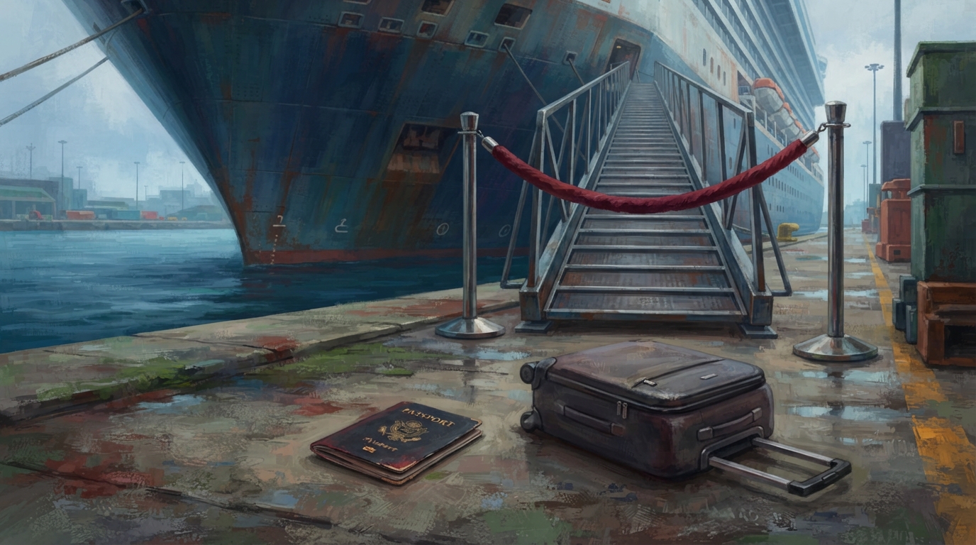 Editorial illustration of A single weathered passport lies closed on rain-damp pier concrete beside one abandoned wheeled suitcase, both dwarfed b, representing Brazil e-visa cruise passengers