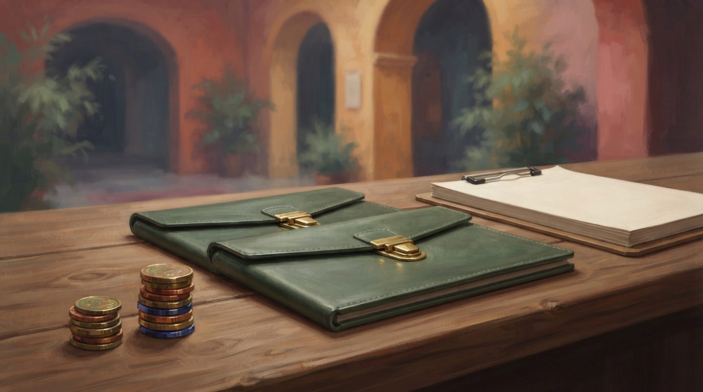 Editorial illustration of Two identical slim leather permit folders lie side by side on an otherwise bare wooden registration counter, each fasten
